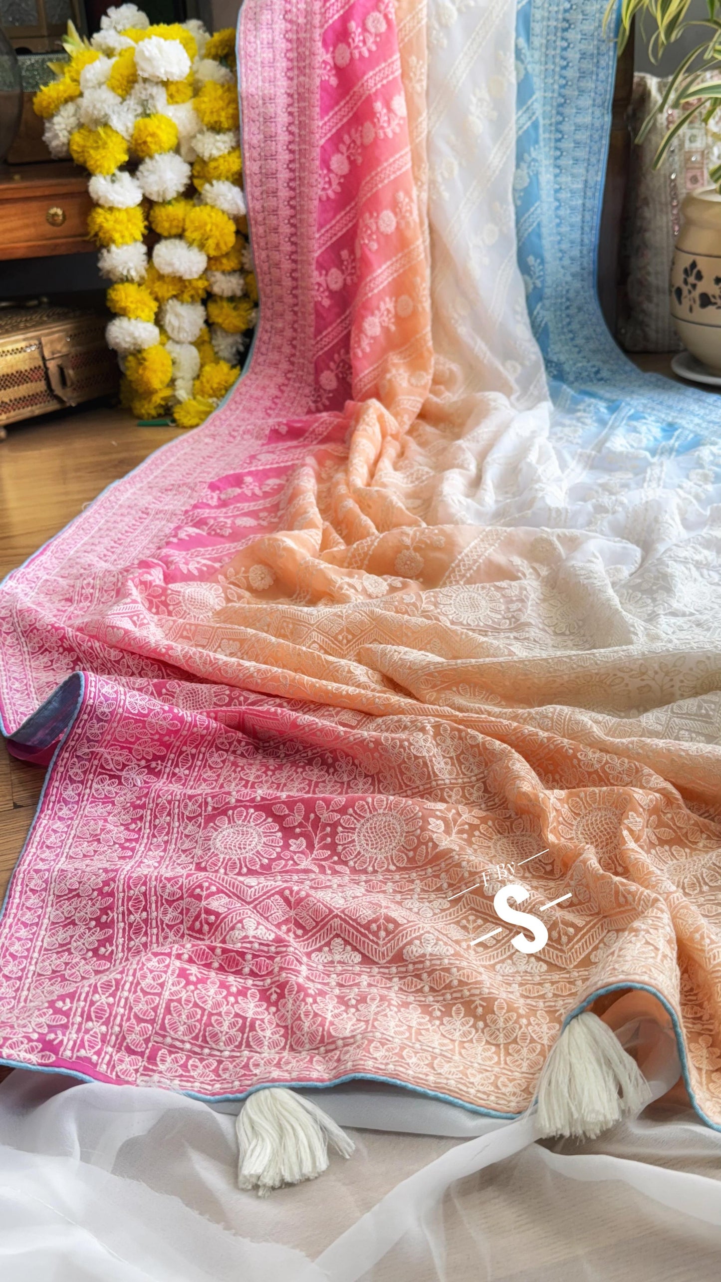 3D COLOR PURE GEORGETTE WITH CHIKANKARI SAREE