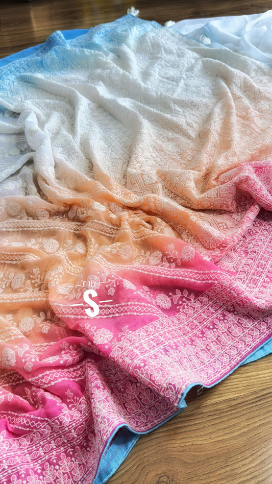 3D COLOR PURE GEORGETTE WITH CHIKANKARI SAREE