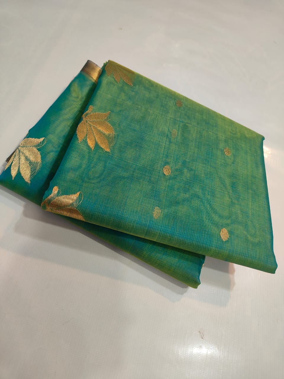 KATAN SILK CHANDERI SAREE LEAF MOTIF ON PALLU