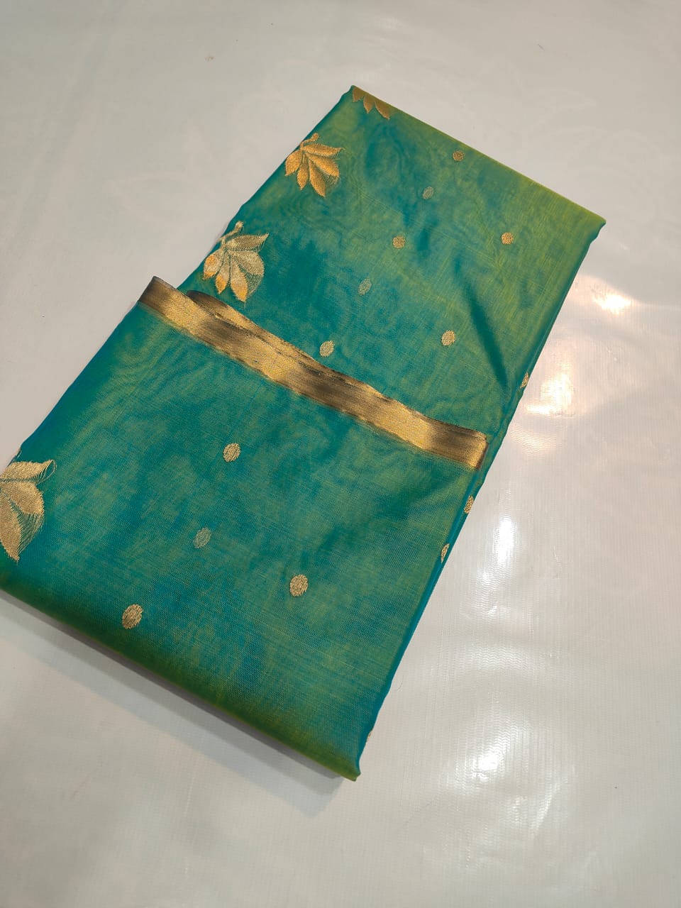 KATAN SILK CHANDERI SAREE LEAF MOTIF ON PALLU
