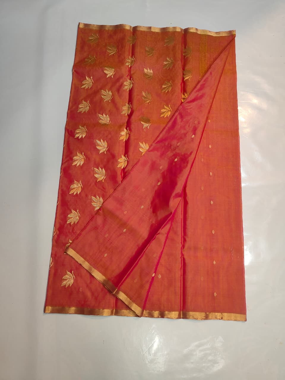 KATAN SILK CHANDERI SAREE LEAF MOTIF ON PALLU