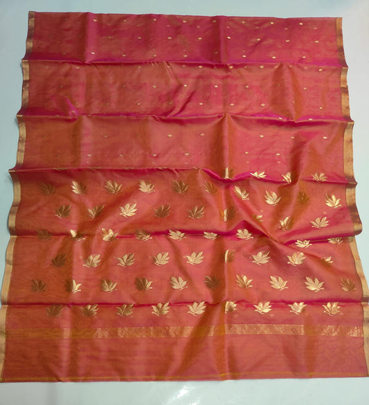 KATAN SILK CHANDERI SAREE LEAF MOTIF ON PALLU