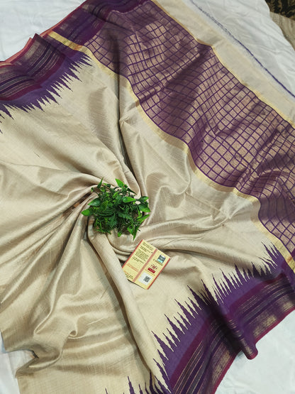 PURE RAW SILK BOTH SIDE TEMPLE BORDER SAREE WITH CONTRAST PALLU BLOUSE