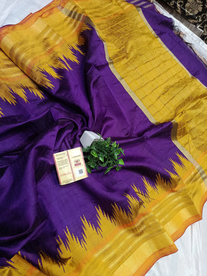 PURE RAW SILK BOTH SIDE TEMPLE BORDER SAREE WITH CONTRAST PALLU BLOUSE
