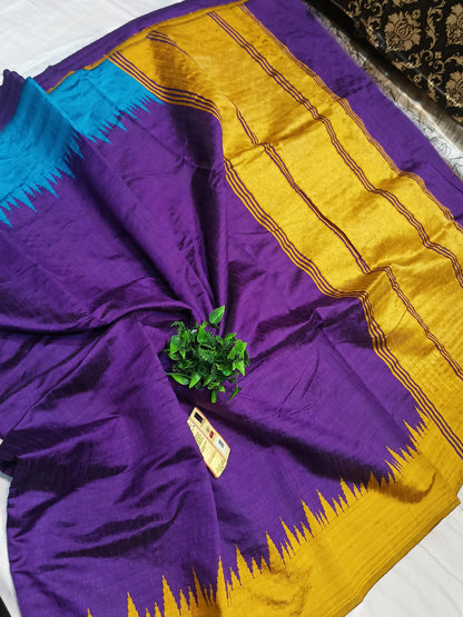 PURE RAW SILK BOTH SIDE TEMPLE BORDER SAREE WITH CONTRAST PALLU BLOUSE