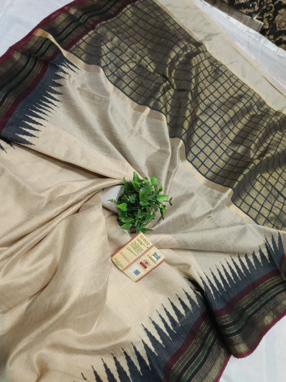 PURE RAW SILK BOTH SIDE TEMPLE BORDER SAREE WITH CONTRAST PALLU BLOUSE
