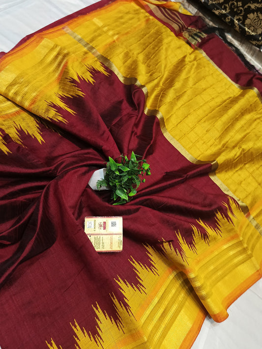 PURE RAW SILK BOTH SIDE TEMPLE BORDER SAREE WITH CONTRAST PALLU BLOUSE