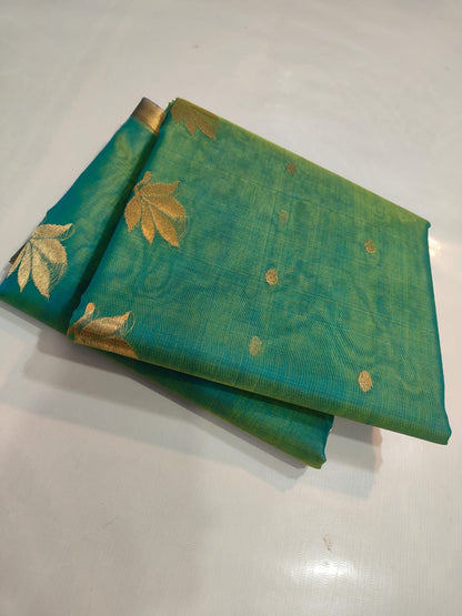 KATAN SILK CHANDERI SAREE LEAF MOTIF ON PALLU
