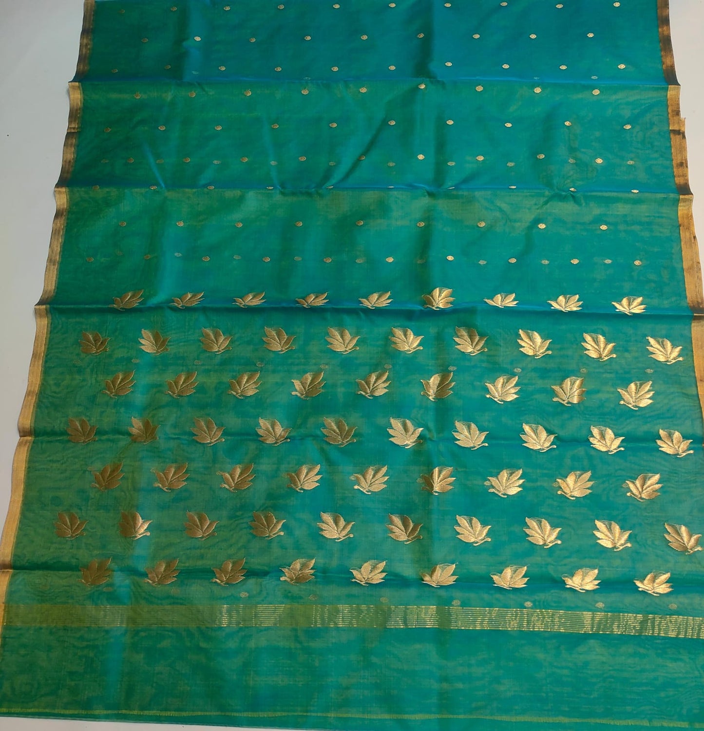 KATAN SILK CHANDERI SAREE LEAF MOTIF ON PALLU