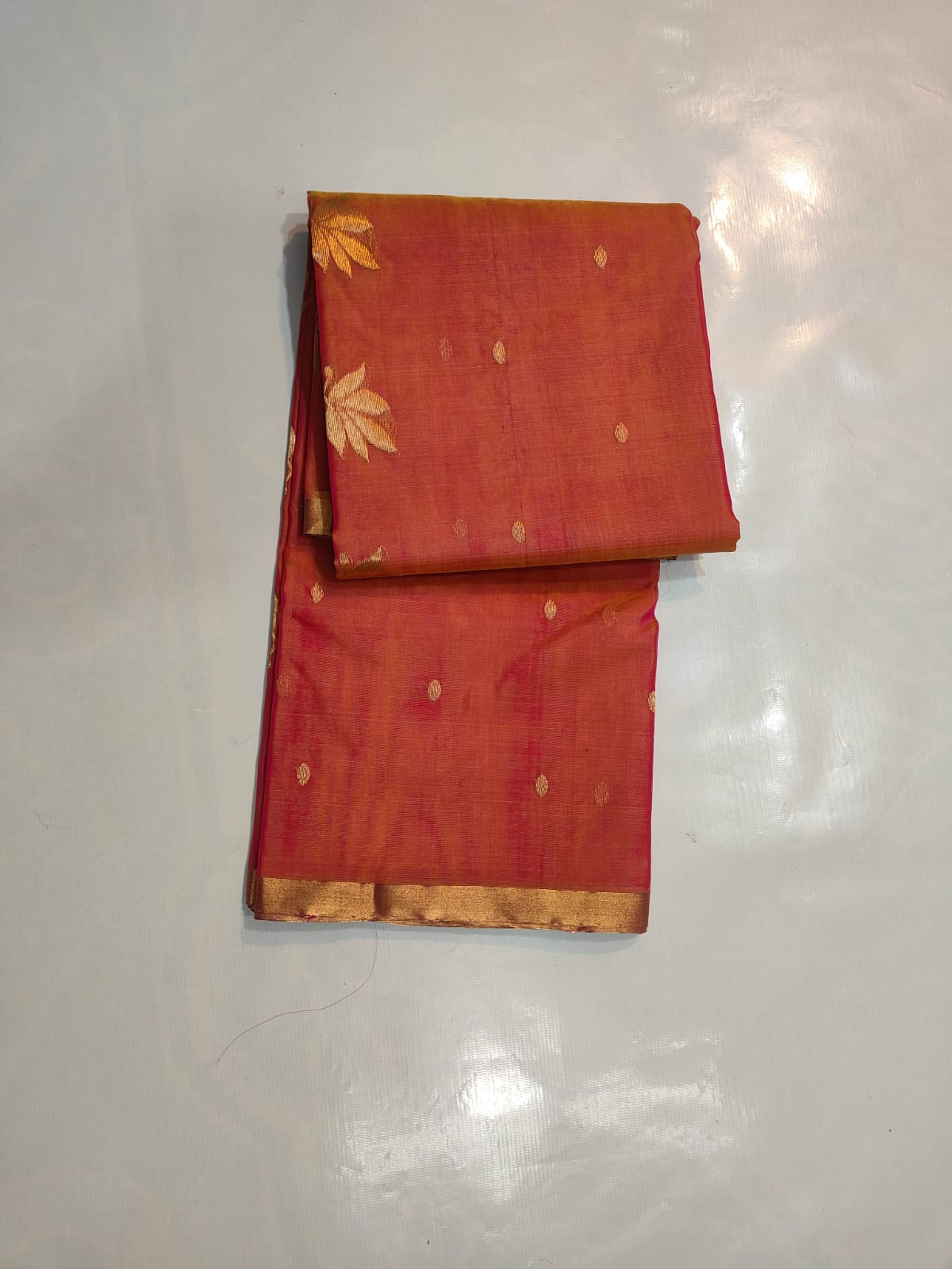 KATAN SILK CHANDERI SAREE LEAF MOTIF ON PALLU