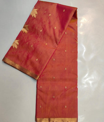 KATAN SILK CHANDERI SAREE LEAF MOTIF ON PALLU