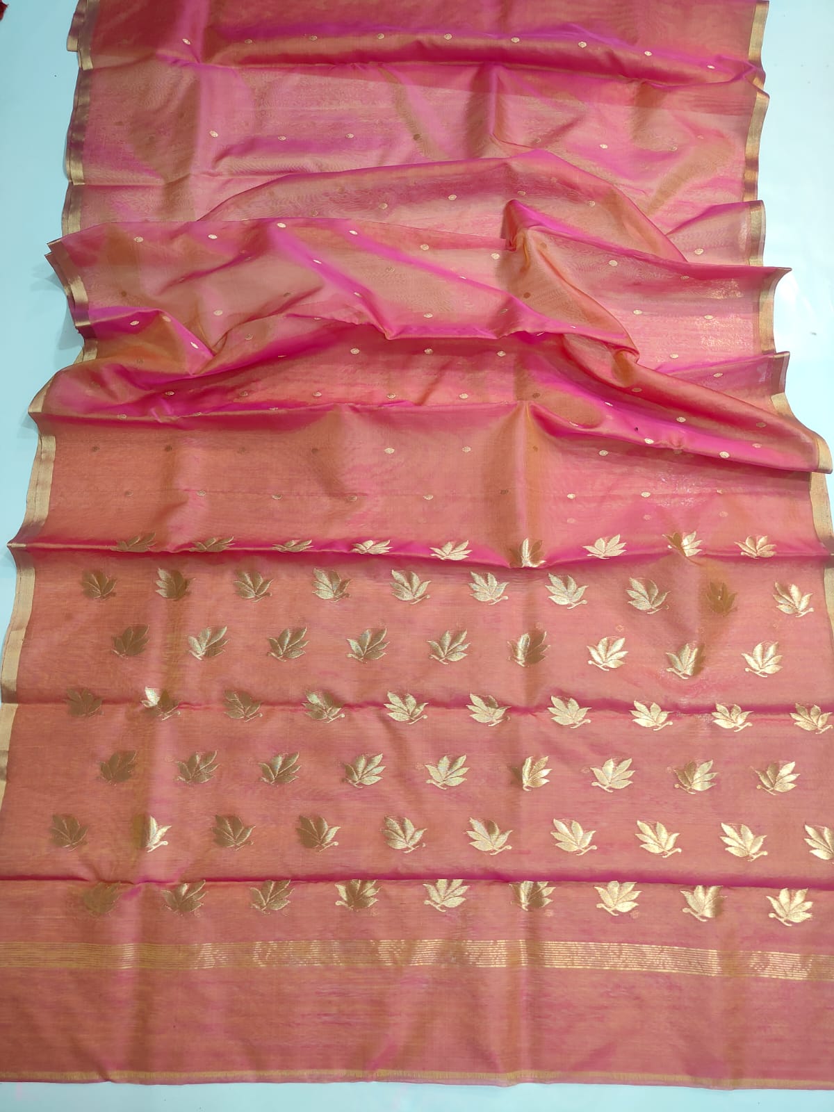 KATAN SILK CHANDERI SAREE LEAF MOTIF ON PALLU