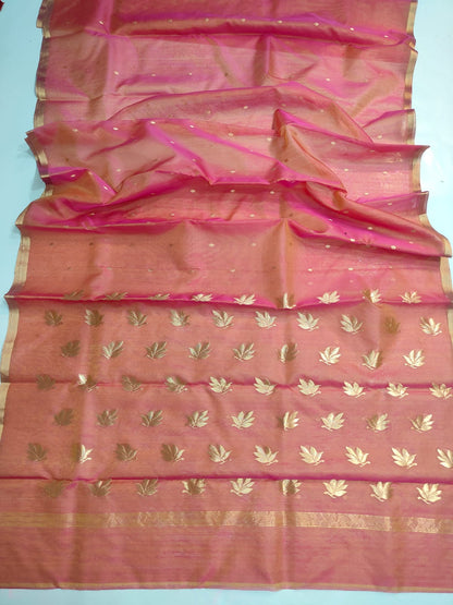 KATAN SILK CHANDERI SAREE LEAF MOTIF ON PALLU